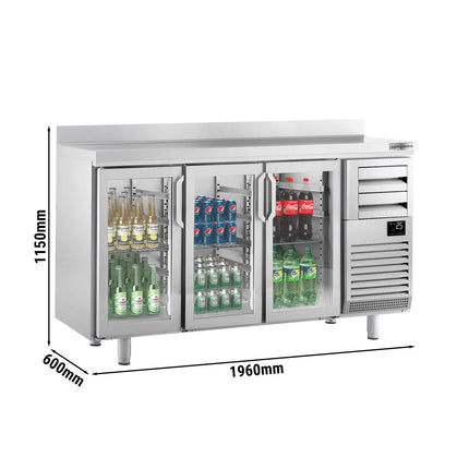 GGM Gastro Commercial Back Bar Bottle Cooler PREMIUM PLUS - 1960x600x1150mm - with 3 Hinged Glass Doors, 2 Drawers, upstand, locks & auto defrost - 520L - Stainless Steel