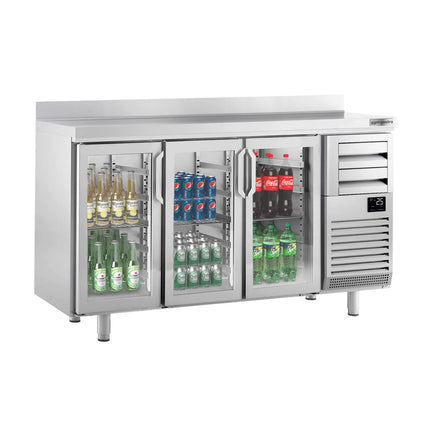 GGM Gastro Commercial Back Bar Bottle Cooler PREMIUM PLUS - 1960x600x1150mm - with 3 Hinged Glass Doors, 2 Drawers, upstand, locks & auto defrost - 520L - Stainless Steel