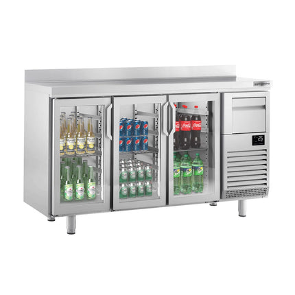 GGM Gastro Commercial Back Bar Bottle Cooler PREMIUM PLUS - 1960x600x1150mm - 520L - with 3 Hinged Glass Doors, upstand & knock box for coffee - Stainless Steel