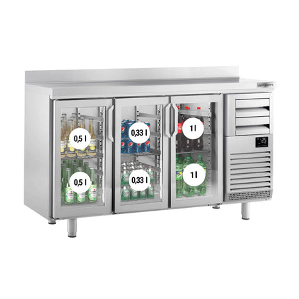 GGM Gastro Commercial Back Bar Bottle Cooler PREMIUM PLUS - 1960x600x1150mm - with 3 Hinged Glass Doors, 2 Drawers, upstand, locks & auto defrost - 520L - Stainless Steel