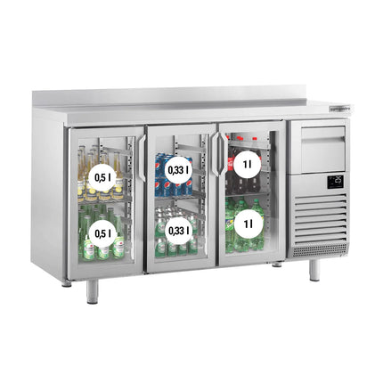 GGM Gastro Commercial Back Bar Bottle Cooler PREMIUM PLUS - 1960x600x1150mm - 520L - with 3 Hinged Glass Doors, upstand & knock box for coffee - Stainless Steel