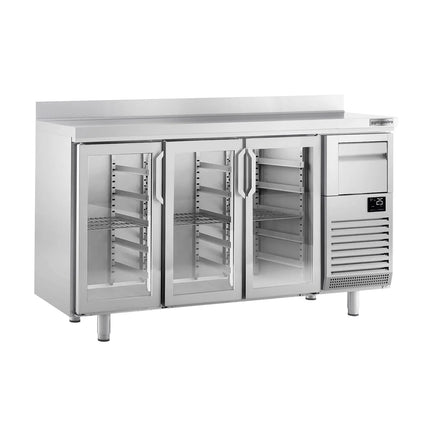 GGM Gastro Commercial Back Bar Bottle Cooler PREMIUM PLUS - 1960x600x1150mm - 520L - with 3 Hinged Glass Doors, upstand & knock box for coffee - Stainless Steel