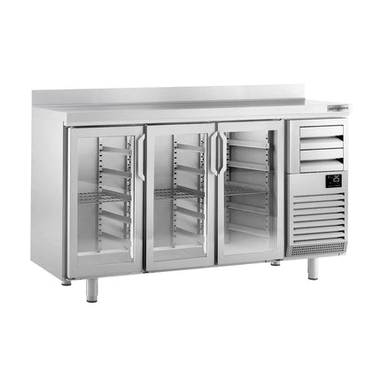 GGM Gastro Commercial Back Bar Bottle Cooler PREMIUM PLUS - 1960x600x1150mm - with 3 Hinged Glass Doors, 2 Drawers, upstand, locks & auto defrost - 520L - Stainless Steel