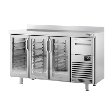 GGM Gastro Commercial Back Bar Bottle Cooler PREMIUM PLUS - 1960x600x1150mm - 520L - with 3 Hinged Glass Doors, upstand & knock box for coffee - Stainless Steel