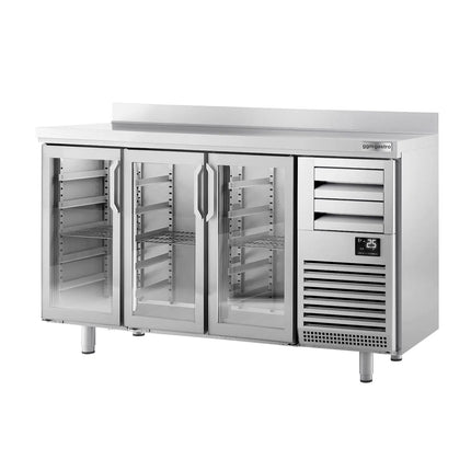 GGM Gastro Commercial Back Bar Bottle Cooler PREMIUM PLUS - 1960x600x1150mm - with 3 Hinged Glass Doors, 2 Drawers, upstand, locks & auto defrost - 520L - Stainless Steel
