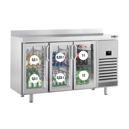 GGM Gastro Commercial Back Bar Bottle Cooler PREMIUM PLUS - 1960x700mm - 465L - with 3 Hinged Glass Doors, upstand & locks