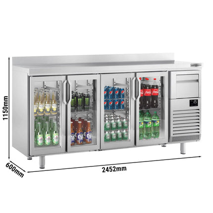 GGM Gastro Commercial Back Bar Bottle Cooler PREMIUM PLUS - 2452x600x1150mm - with 4 Hinged Glass Doors, upstand & knock box for coffee - 690L