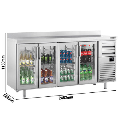 GGM Gastro Commercial Back Bar Bottle Cooler PREMIUM PLUS - 2452x600x1150mm - 690L - with 4 Hinged Glass Doors, 2 Drawers, upstand & locks - Stainless Steel
