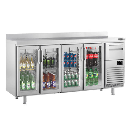 GGM Gastro Commercial Back Bar Bottle Cooler PREMIUM PLUS - 2452x600x1150mm - with 4 Hinged Glass Doors, upstand & knock box for coffee - 690L