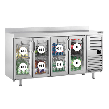 GGM Gastro Commercial Back Bar Bottle Cooler PREMIUM PLUS - 2452x600x1150mm - 690L - with 4 Hinged Glass Doors, 2 Drawers, upstand & locks - Stainless Steel