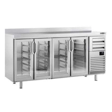 GGM Gastro Commercial Back Bar Bottle Cooler PREMIUM PLUS - 2452x600x1150mm - 690L - with 4 Hinged Glass Doors, 2 Drawers, upstand & locks - Stainless Steel