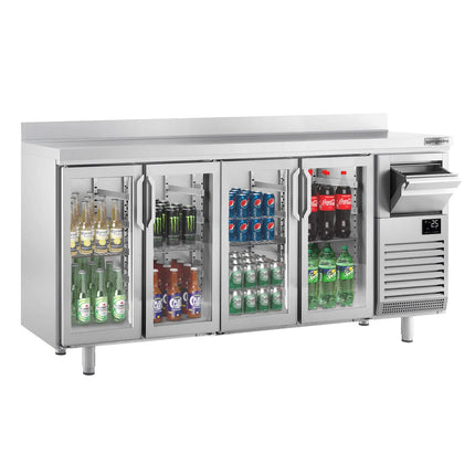 GGM Gastro Commercial Back Bar Bottle Cooler PREMIUM PLUS - 2452x600x1150mm - with 4 Hinged Glass Doors, upstand & knock box for coffee - 690L