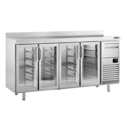 GGM Gastro Commercial Back Bar Bottle Cooler PREMIUM PLUS - 2452x600x1150mm - with 4 Hinged Glass Doors, upstand & knock box for coffee - 690L