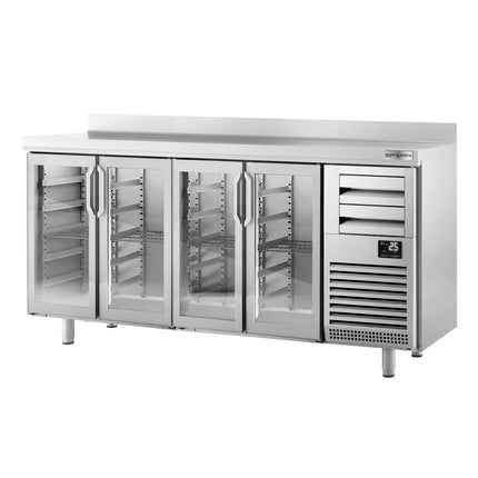 GGM Gastro Commercial Back Bar Bottle Cooler PREMIUM PLUS - 2452x600x1150mm - 690L - with 4 Hinged Glass Doors, 2 Drawers, upstand & locks - Stainless Steel