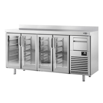 GGM Gastro Commercial Back Bar Bottle Cooler PREMIUM PLUS - 2452x600x1150mm - with 4 Hinged Glass Doors, upstand & knock box for coffee - 690L