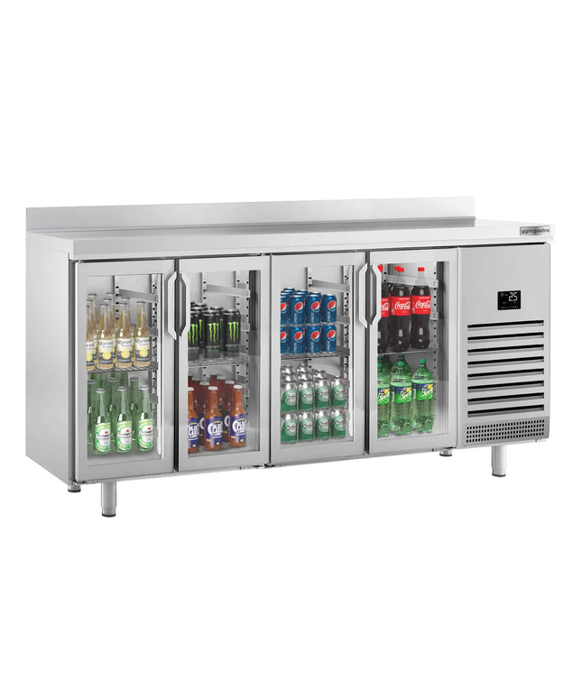 GGM Gastro Commercial Back Bar Bottle Cooler PREMIUM PLUS - 2452x700mm - 630L - with 4 Hinged Glass Doors, upstand