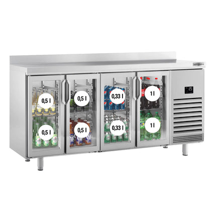 GGM Gastro Commercial Back Bar Bottle Cooler PREMIUM PLUS - 2452x700mm - 630L - with 4 Hinged Glass Doors, upstand