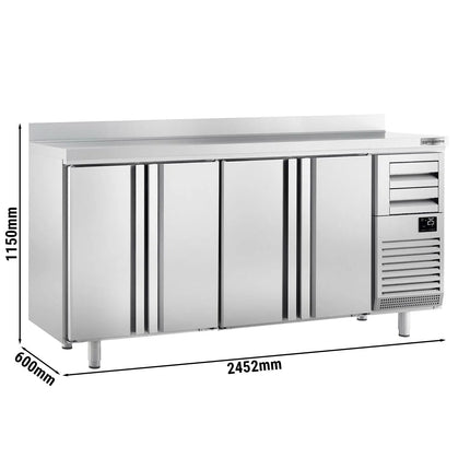 GGM Gastro Commercial Back Bar Bottle Cooler PREMIUM PLUS - Beverage Cooling Table - 2452x600x1150mm - with 4 Hinged Solid Doors, 2 Drawers, upstand, locks & auto defrost - Stainless Steel