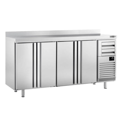 GGM Gastro Commercial Back Bar Bottle Cooler PREMIUM PLUS - Beverage Cooling Table - 2452x600x1150mm - with 4 Hinged Solid Doors, 2 Drawers, upstand, locks & auto defrost - Stainless Steel