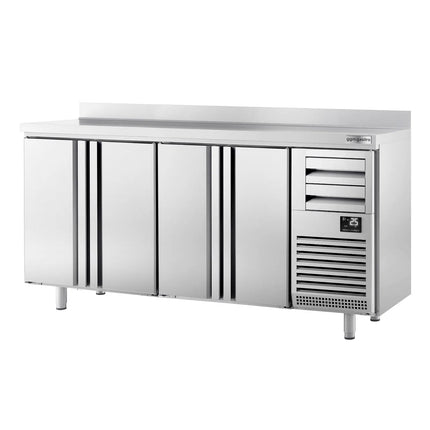 GGM Gastro Commercial Back Bar Bottle Cooler PREMIUM PLUS - Beverage Cooling Table - 2452x600x1150mm - with 4 Hinged Solid Doors, 2 Drawers, upstand, locks & auto defrost - Stainless Steel