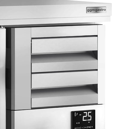 GGM Gastro Commercial Back Bar Bottle Cooler PREMIUM PLUS - Beverage Cooling Table - 2452x600x1150mm - with 4 Hinged Solid Doors, 2 Drawers, upstand, locks & auto defrost - Stainless Steel