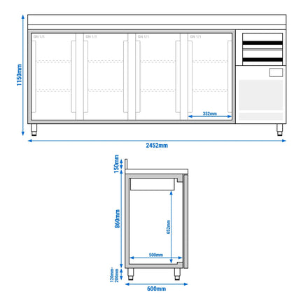 GGM Gastro Commercial Back Bar Bottle Cooler PREMIUM PLUS - Beverage Cooling Table - 2452x600x1150mm - with 4 Hinged Solid Doors, 2 Drawers, upstand, locks & auto defrost - Stainless Steel