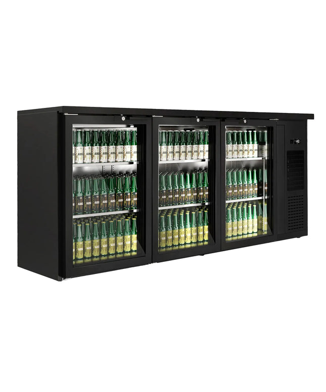 GGM Gastro Commercial Back Bar Bottle Cooler PREMIUM PLUS - Premium PLUS - 1989x512mm - 469L - with 3 Hinged Glass Doors, LED lighting, locks, auto defrost, fan-assisted cooling - Black