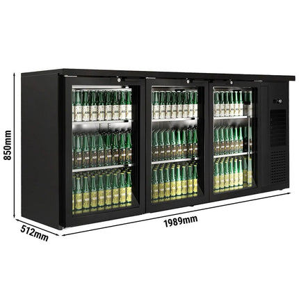 GGM Gastro Commercial Back Bar Bottle Cooler PREMIUM PLUS - Premium PLUS - 1989x512mm - 469L - with 3 Hinged Glass Doors, LED lighting, locks, auto defrost, fan-assisted cooling - Black