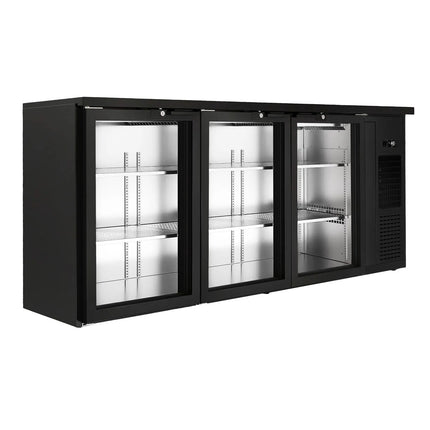 GGM Gastro Commercial Back Bar Bottle Cooler PREMIUM PLUS - Premium PLUS - 1989x512mm - 469L - with 3 Hinged Glass Doors, LED lighting, locks, auto defrost, fan-assisted cooling - Black