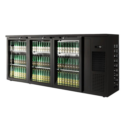 GGM Gastro Commercial Back Bar Bottle Cooler PREMIUM PLUS - Premium PLUS - 1989x512mm - 469L - with 3 Hinged Glass Doors, LED lighting, locks, auto defrost, fan-assisted cooling - Black
