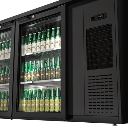 GGM Gastro Commercial Back Bar Bottle Cooler PREMIUM PLUS - Premium PLUS - 1989x512mm - 469L - with 3 Hinged Glass Doors, LED lighting, locks, auto defrost, fan-assisted cooling - Black