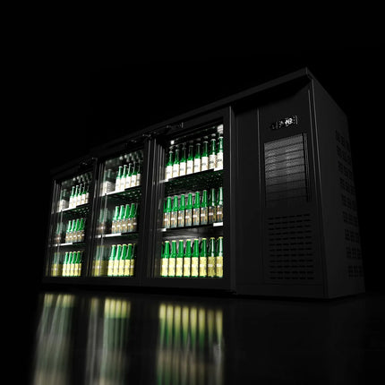 GGM Gastro Commercial Back Bar Bottle Cooler PREMIUM PLUS - Premium PLUS - 1989x512mm - 469L - with 3 Hinged Glass Doors, LED lighting, locks, auto defrost, fan-assisted cooling - Black