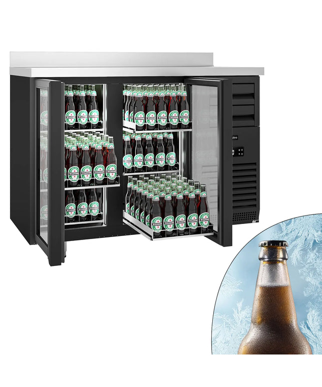 GGM Gastro Commercial Back Bar Bottle Cooler PREMIUM PLUS - SUPERCOOLER - 1475x700mm - 440L - with 2 Hinged Glass Doors, upstand & 6 drawers - Black