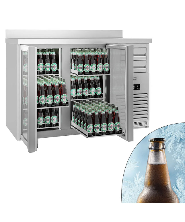 GGM Gastro Commercial Back Bar Bottle Cooler PREMIUM PLUS - SUPERCOOLER - 1475x700mm - with 2 Hinged Glass Doors, upstand & 6 drawers