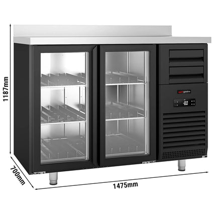 GGM Gastro Commercial Back Bar Bottle Cooler PREMIUM PLUS - SUPERCOOLER - 1475x700mm - 440L - with 2 Hinged Glass Doors, upstand & 6 drawers - Black