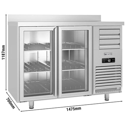 GGM Gastro Commercial Back Bar Bottle Cooler PREMIUM PLUS - SUPERCOOLER - 1475x700mm - with 2 Hinged Glass Doors, upstand & 6 drawers