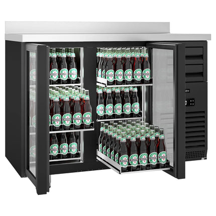 GGM Gastro Commercial Back Bar Bottle Cooler PREMIUM PLUS - SUPERCOOLER - 1475x700mm - 440L - with 2 Hinged Glass Doors, upstand & 6 drawers - Black
