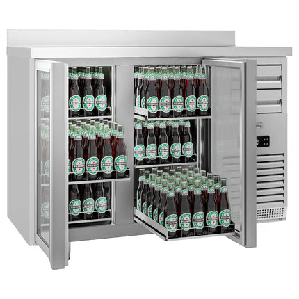 GGM Gastro Commercial Back Bar Bottle Cooler PREMIUM PLUS - SUPERCOOLER - 1475x700mm - with 2 Hinged Glass Doors, upstand & 6 drawers
