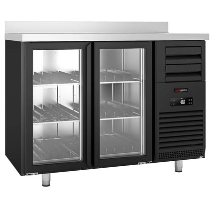 GGM Gastro Commercial Back Bar Bottle Cooler PREMIUM PLUS - SUPERCOOLER - 1475x700mm - 440L - with 2 Hinged Glass Doors, upstand & 6 drawers - Black