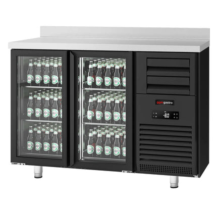 GGM Gastro Commercial Back Bar Bottle Cooler PREMIUM PLUS - SUPERCOOLER - 1475x700mm - 440L - with 2 Hinged Glass Doors, upstand & 6 drawers - Black