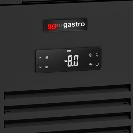 GGM Gastro Commercial Back Bar Bottle Cooler PREMIUM PLUS - SUPERCOOLER - 1475x700mm - 440L - with 2 Hinged Glass Doors, upstand & 6 drawers - Black