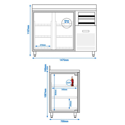 GGM Gastro Commercial Back Bar Bottle Cooler PREMIUM PLUS - SUPERCOOLER - 1475x700mm - with 2 Hinged Glass Doors, upstand & 6 drawers