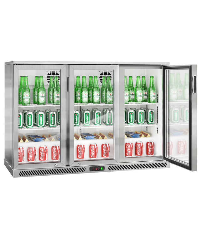 GGM Gastro Commercial Back Bar Cooler - 1350mm - 300L - with 3 glass hinged doors - Stainless steel