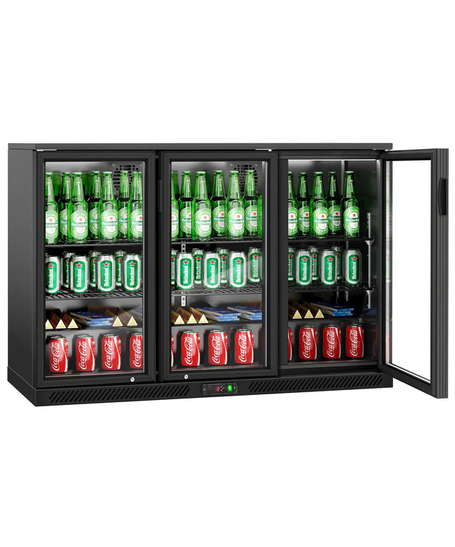 GGM Gastro Commercial Back Bar Cooler - 1350mm - 320L - with 3 glass hinged doors - Black - For UK