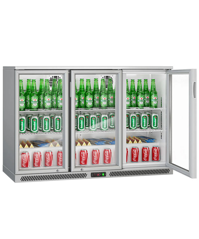 GGM Gastro Commercial Back Bar Cooler - 1350mm - 320L - with 3 glass hinged doors - Grey