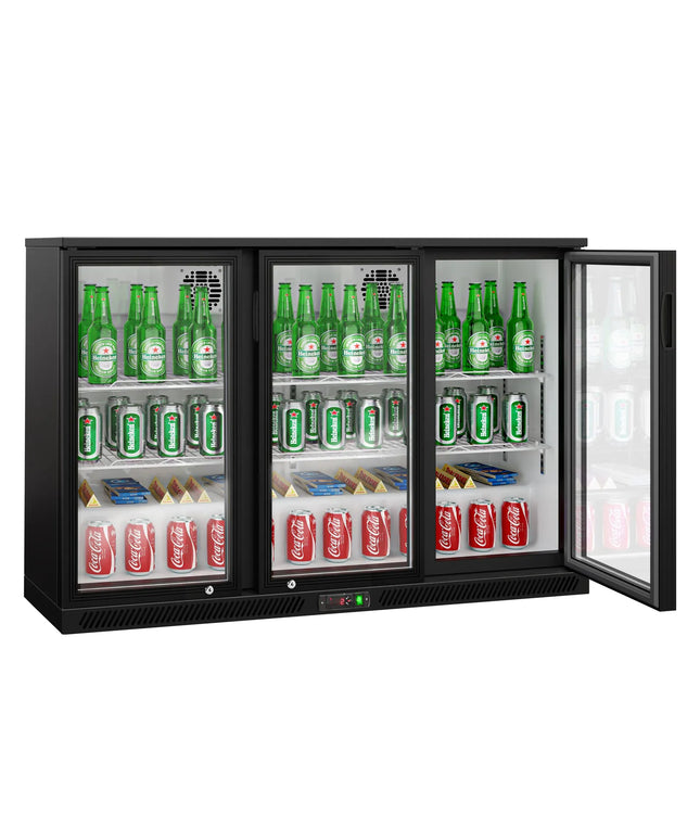 GGM Gastro Commercial Back Bar Cooler - 1350mm - 320L - with 3 glass hinged doors - Black