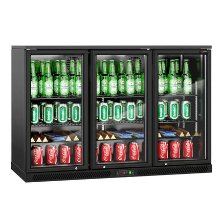 GGM Gastro Commercial Back Bar Cooler - 1350mm - 320L - with 3 glass hinged doors - Black - For UK