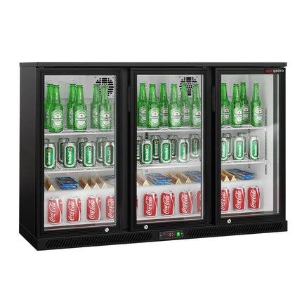 GGM Gastro Commercial Back Bar Cooler - 1350mm - 320L - with 3 glass hinged doors - Black - For UK