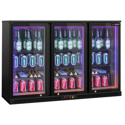 GGM Gastro Commercial Back Bar Cooler - 1350mm - 320L - with 3 glass hinged doors - Black
