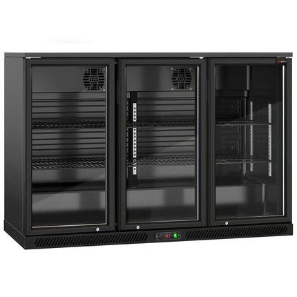 GGM Gastro Commercial Back Bar Cooler - 1350mm - 320L - with 3 glass hinged doors - Black - For UK